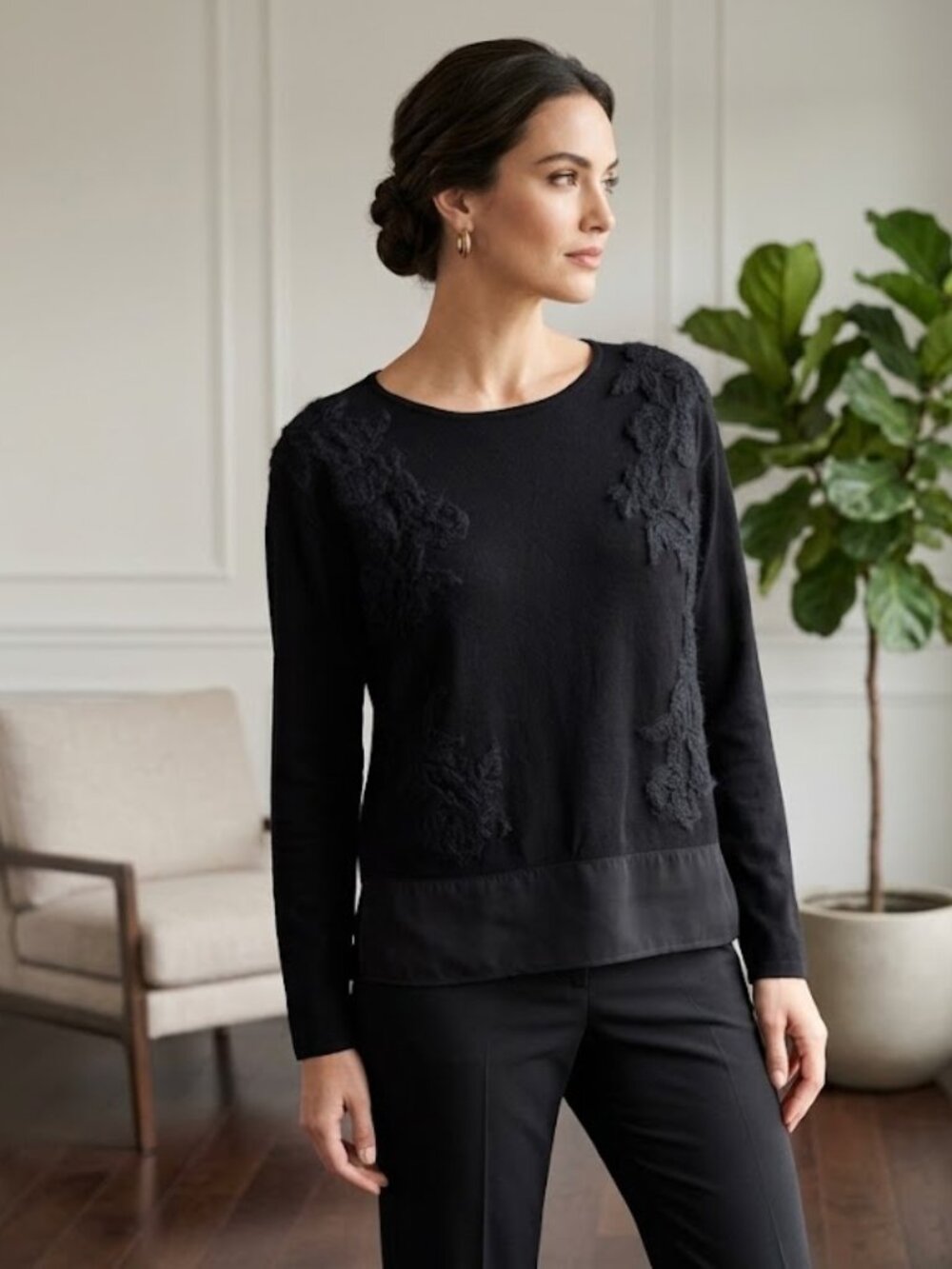 Luisa Cerano Italy Mohair Virgin Wool Lace Inset Viscose Knit Sweater Top 6 EUC